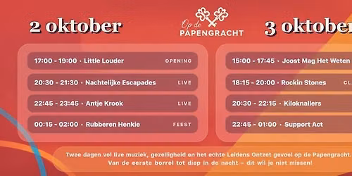 Live op de Papengracht: 2 en 3 Oktober 2026 — muziek in Leiden